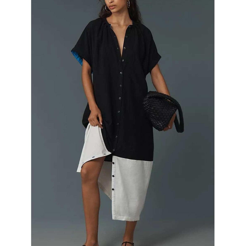 By Anthropologie Linen Black Cream Colorblock Short Sleeve Maxi Shirt Dress XL